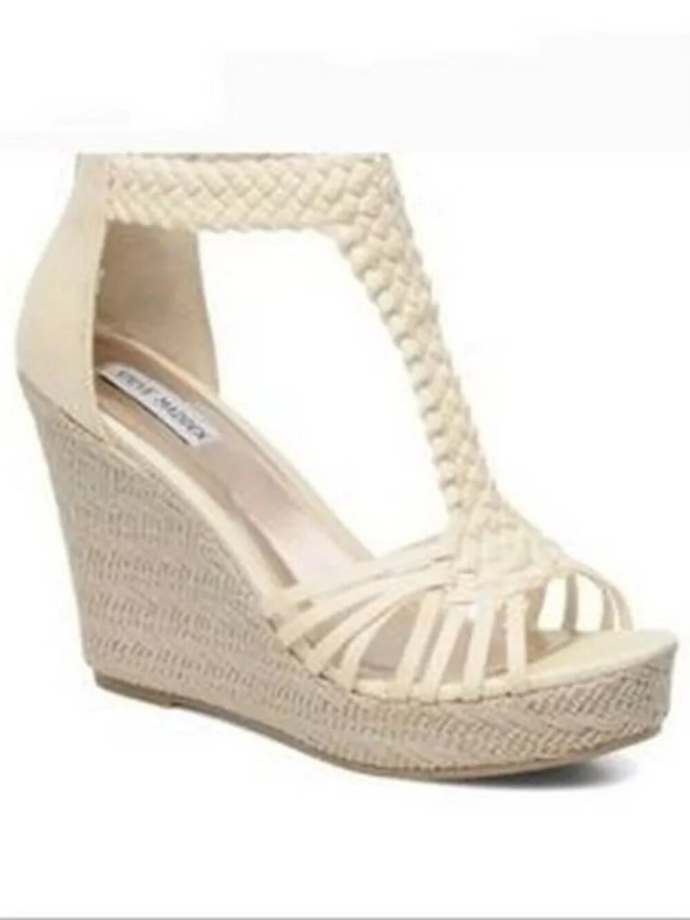 Steve Madden Rise Espadrille Wedge Sandals Women's 7 Beige T-Strap Back Zip